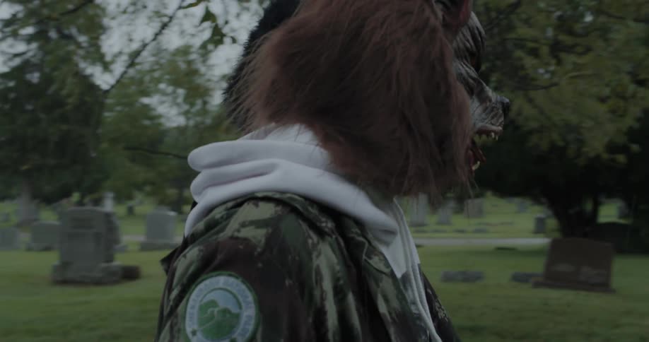 Boys wearing masks walk through a cemetery