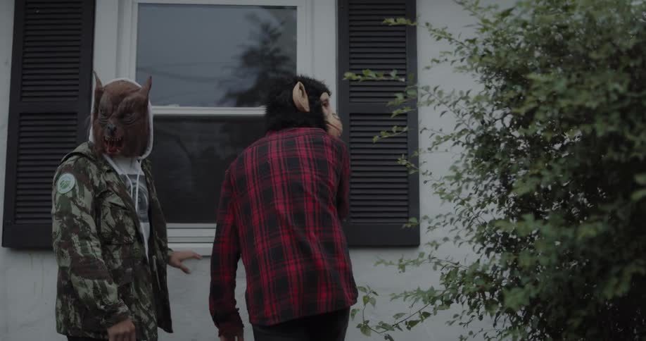 Boys in masks look through a window then look around