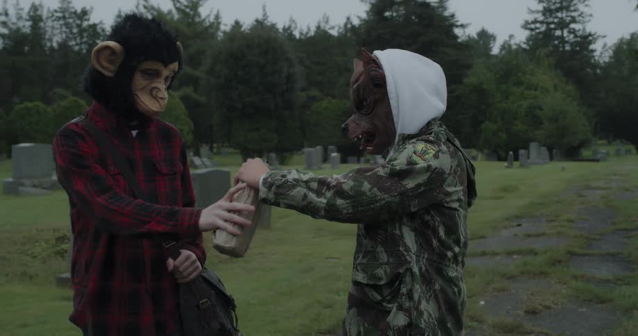 Teenagers in animal masks drink in a cemetery