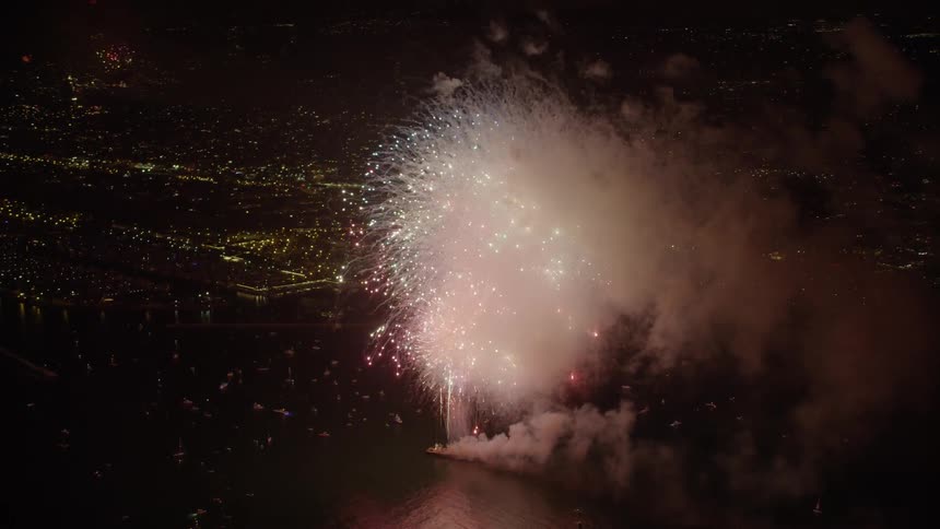 Aerial view of an Amazing Fireworks Finale, New Years Eve