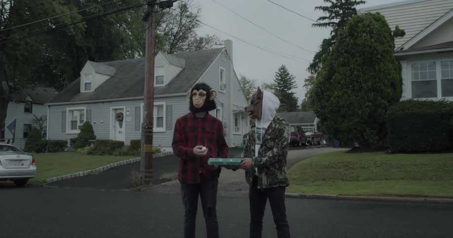 Teenagers in animal masks throw eggs at a house