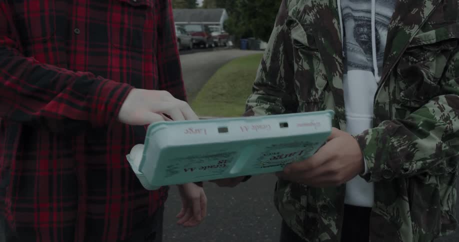 Two people pull some eggs from a carton