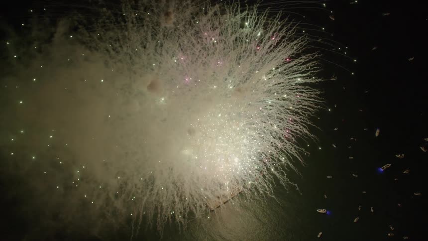 Birds Eye View of huge Fireworks display on New Years Eve