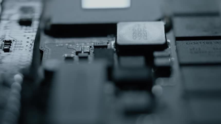 The computer chips on this board are slightly lit