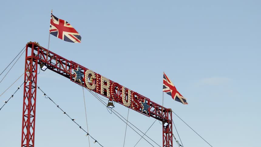 British flags posted on the sides of a circus sign