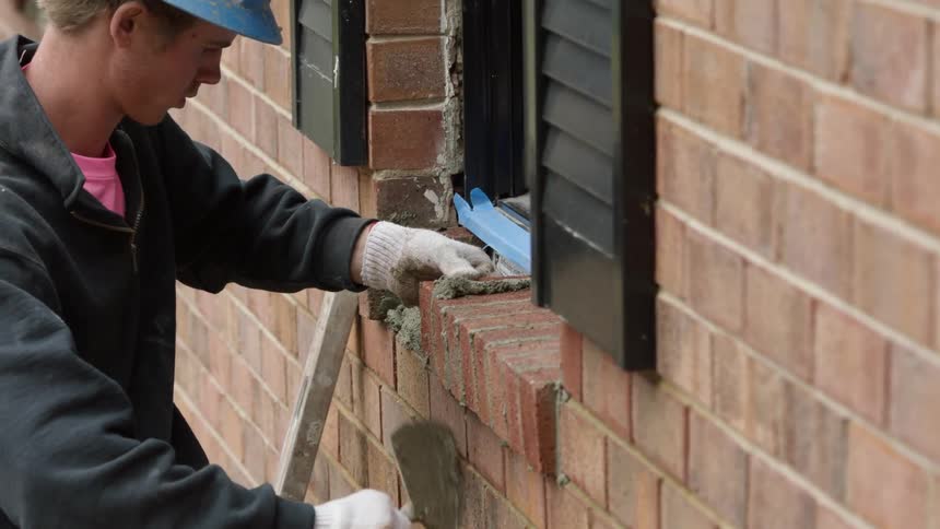 A construction worker lays brick on a windowsill