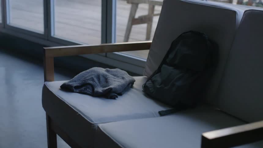 Backpack and shirt rest on a couch
