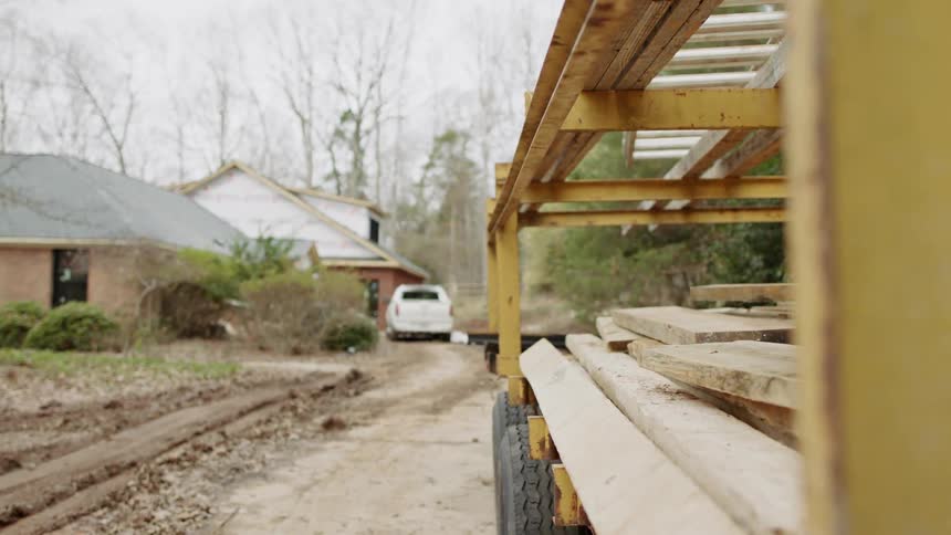 A construction truck is parked outside of a brick house