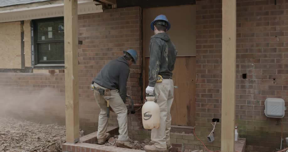 Two men work on the outside of a house