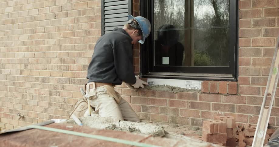 A bricklayer is working outside on a building facade in daylight