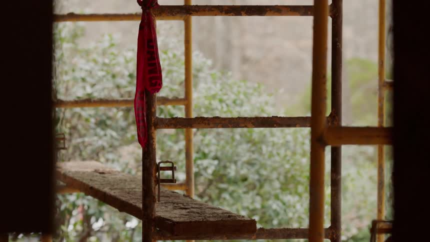 Scaffolding sits outside a building