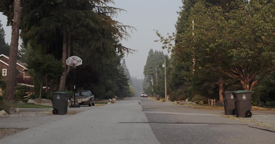 The neighborhood street is empty