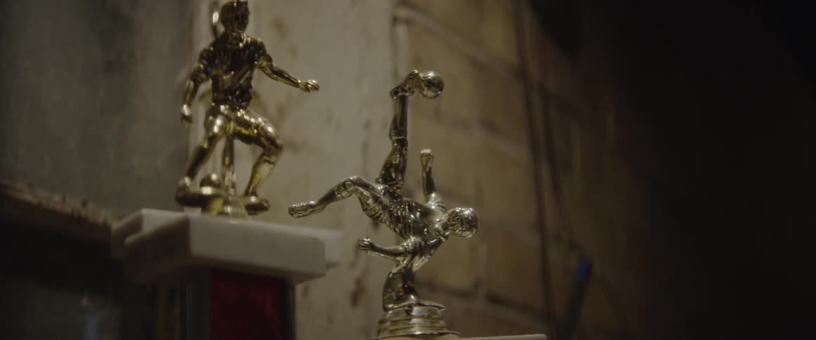 Trophies are displayed in a trophy case