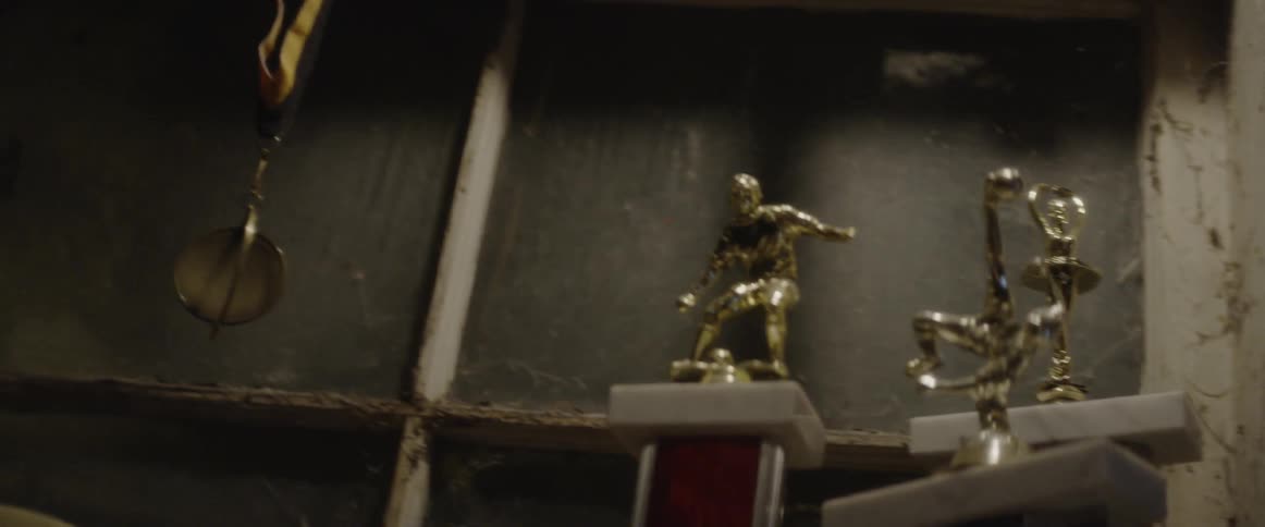 Trophies sit on a dusty windowsill