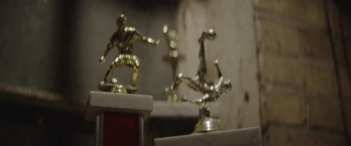 The shelves are full of sports trophies