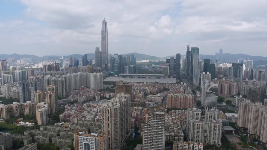 The buildings and rooftops of a city skyline
