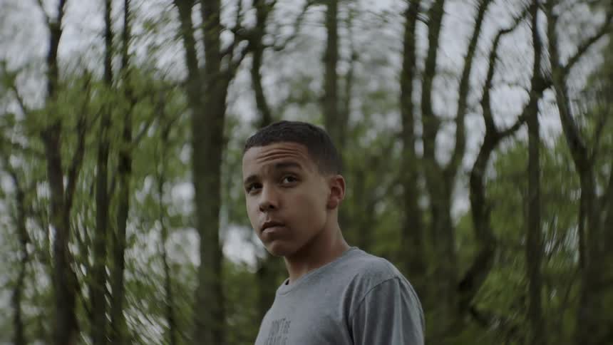 A boy stands in front of tall trees