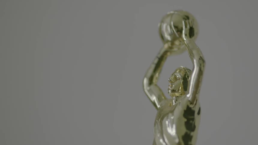 A basketball trophy sits on a shelf