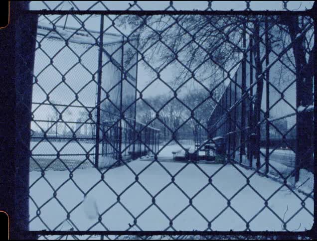The snow slowly falls on the park
