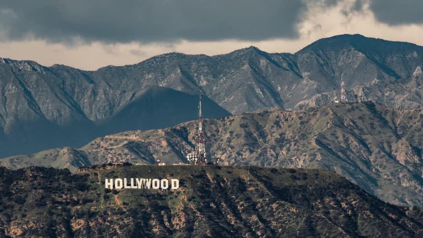 The dark clouds move over the hollywood sign