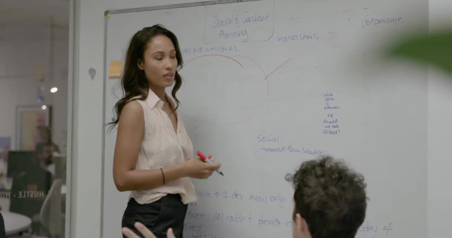 A woman writing on a whiteboard while discussing something with a man