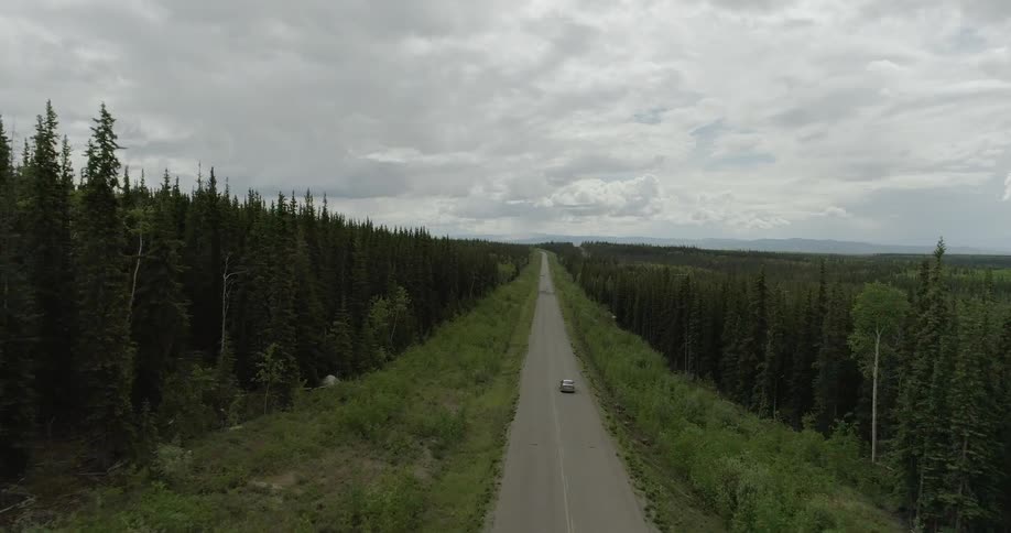 Car traveling on highway surrounded by forest trees on cloudy day