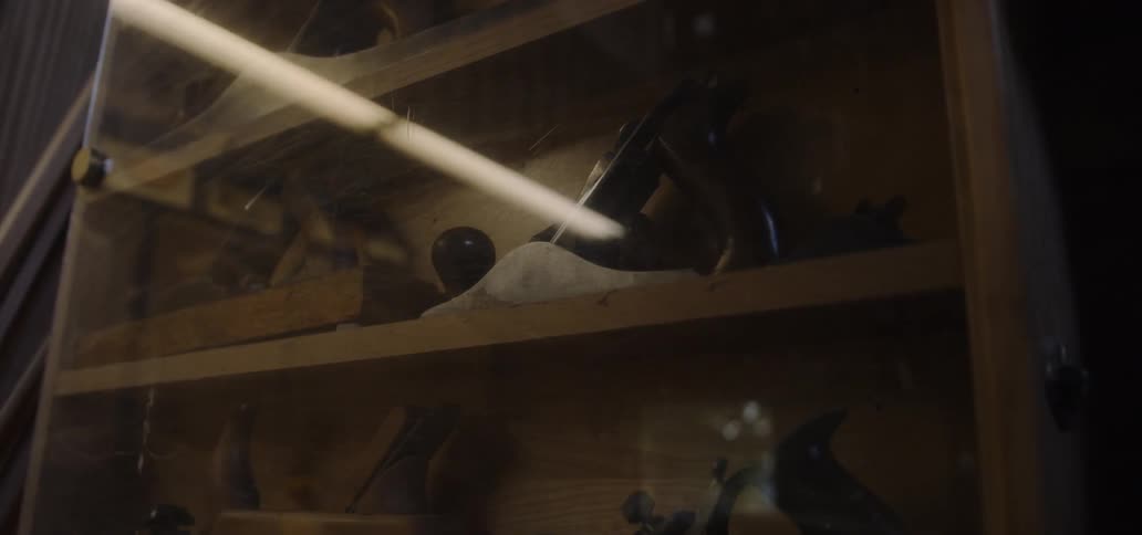 The shelves behind the glass have antiques