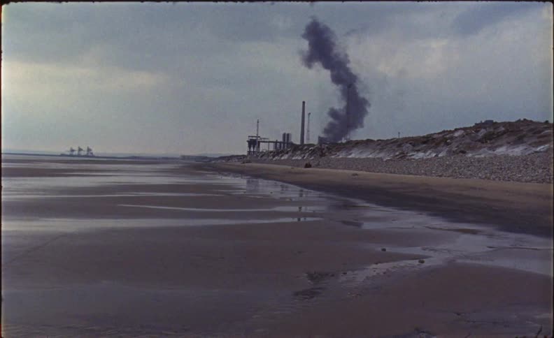 Near the shore is a plant giving off black smoke