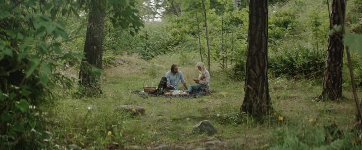 A couple enjoys a romantic picnic surrounded by tall trees in a forest.