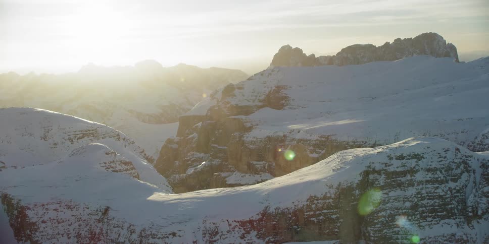 Flying near Piz Boe towards Sellajoch during sunset