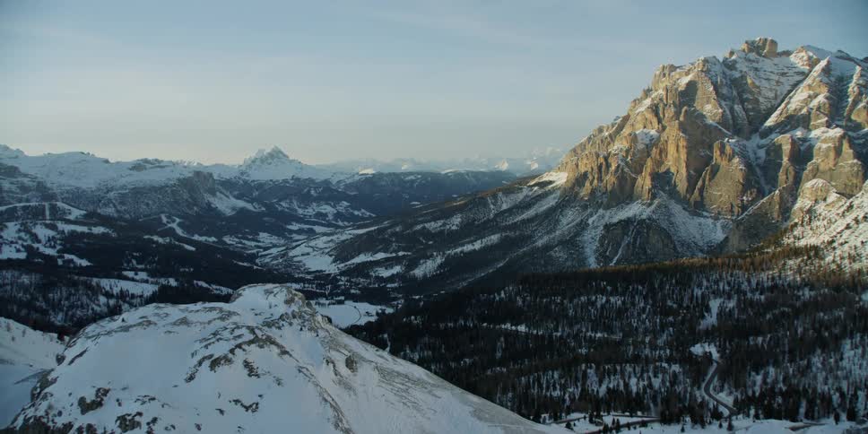 Now covered mountains stand near the trees under a blue sky