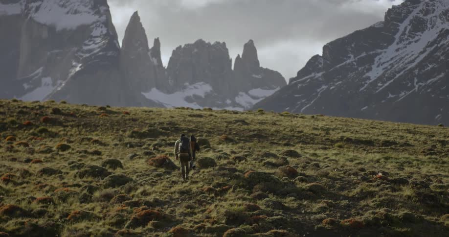 Two people are hiking up a hill towards a view of snow-covered mountain peaks during daylight