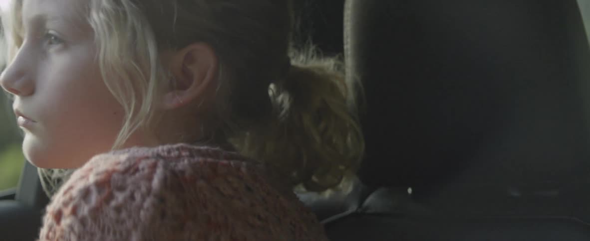 The wind is blowing a girl's hair as she looks out the window of a moving vehicle in daylight