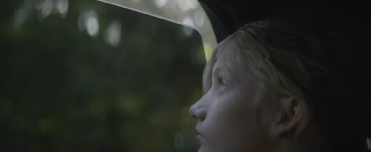 A child looks up out the window of the moving car