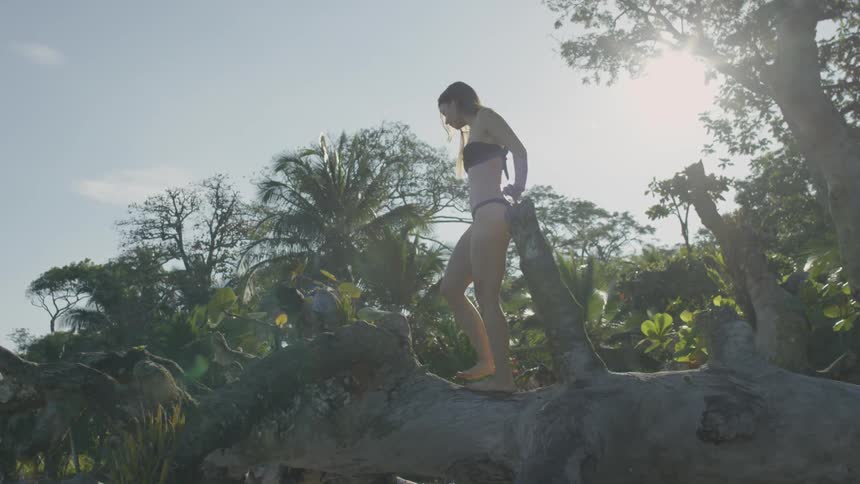 A woman climbs on a fallen tree on a beach