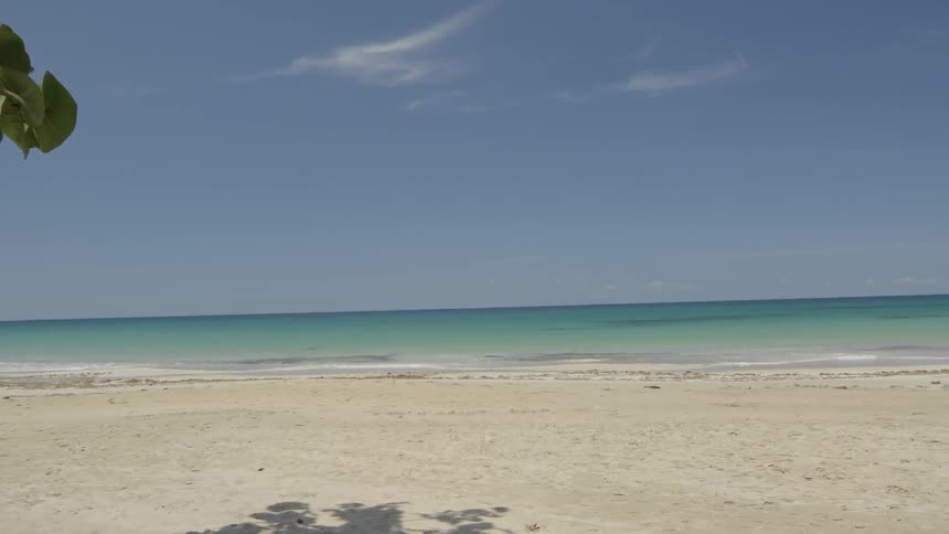 Waves are rolling onto a beach on a sunny day
