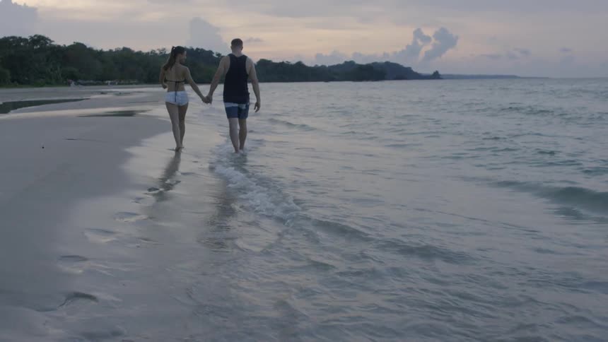 A man and woman hold hands on a beach at sunset