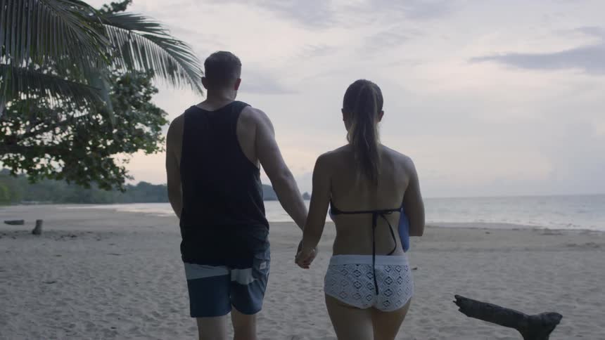 A man and woman hold hands on a beach at sunset