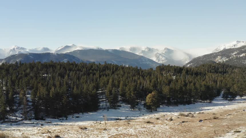 The snow covered field leads to a large forest