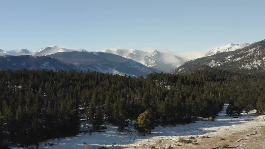 Pine trees are surrounded by snowy mountains