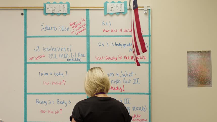 A teacher is writing on the whiteboard