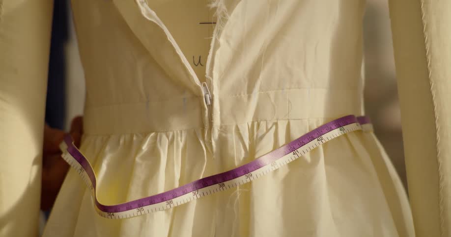 A tape measure is wrapped around a dress
