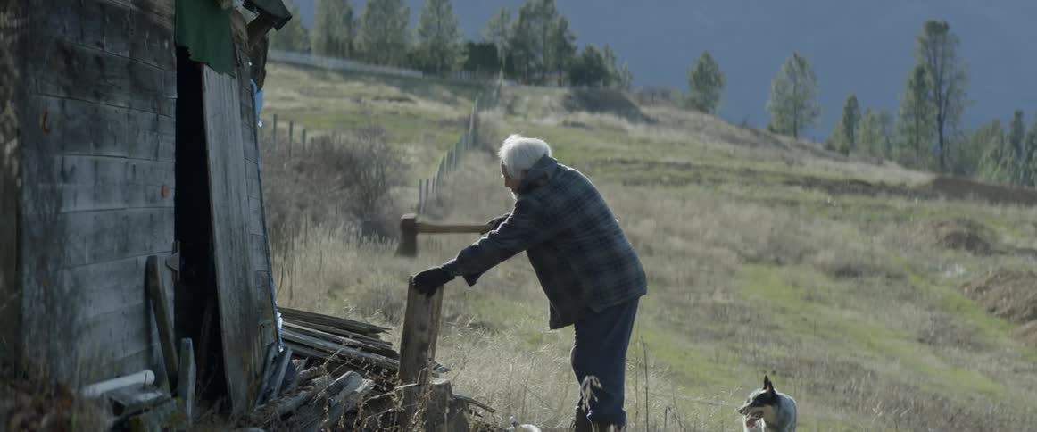 An old man is standing outside trying to chop wood on a cold day