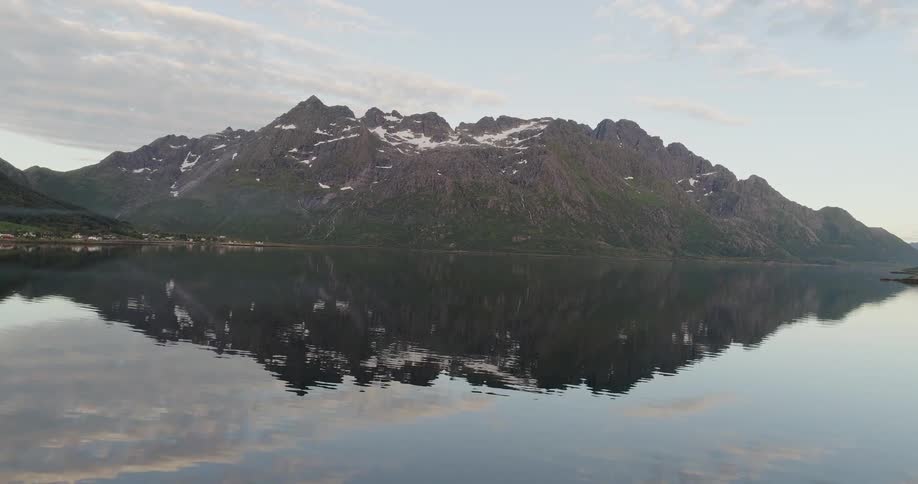 Bird flies over a lake near the mountains