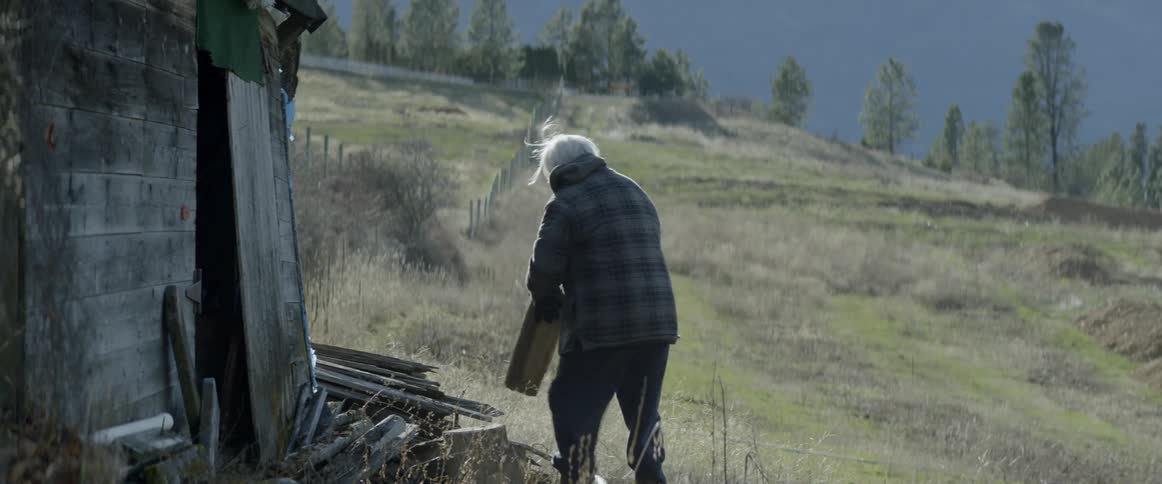 An old man is walking outside a shed to chop wood on a cold day