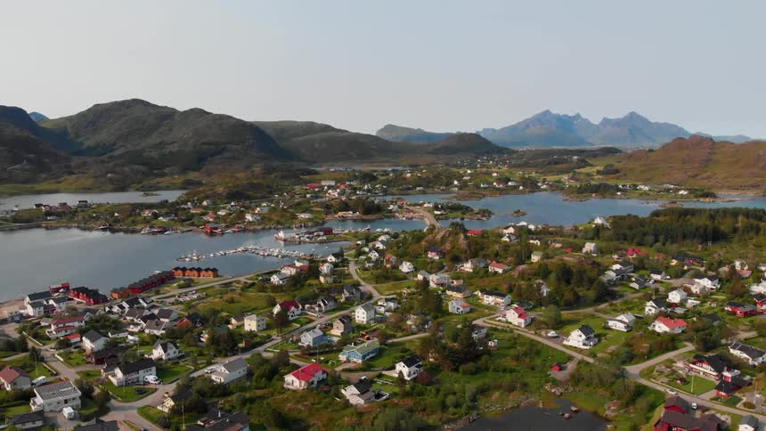Houses sit near a lake