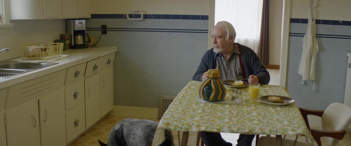 A dog walks into the kitchen as a man eats at the table