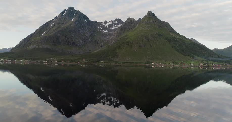 Mountains reflected in a still body of water