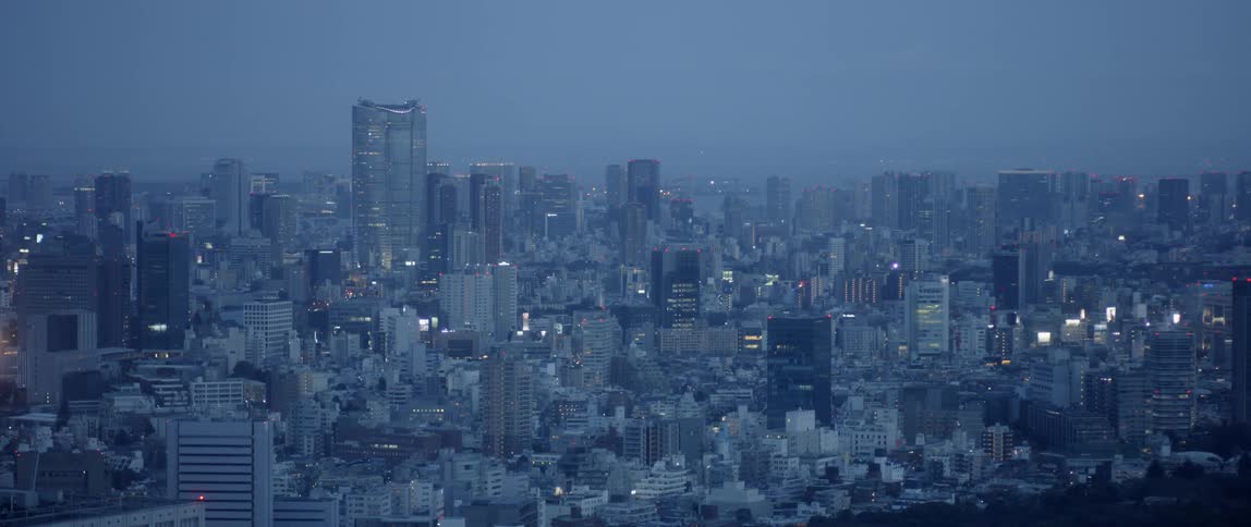 Skyscrapers stand in a city at night