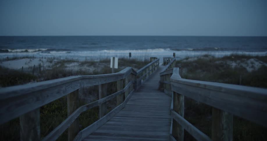 A wooden walkway sits on a beach
